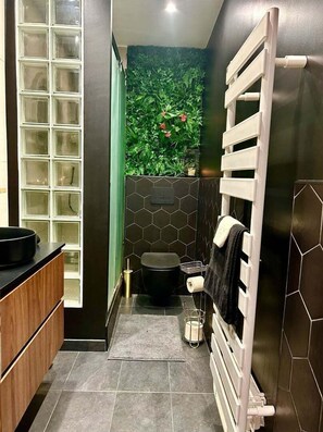 Shower, hair dryer, towels