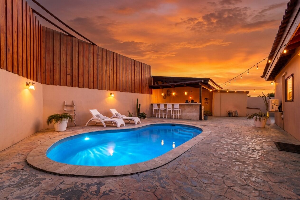 A swimming pool with lounge chairs, a bar area, and a sunset view.