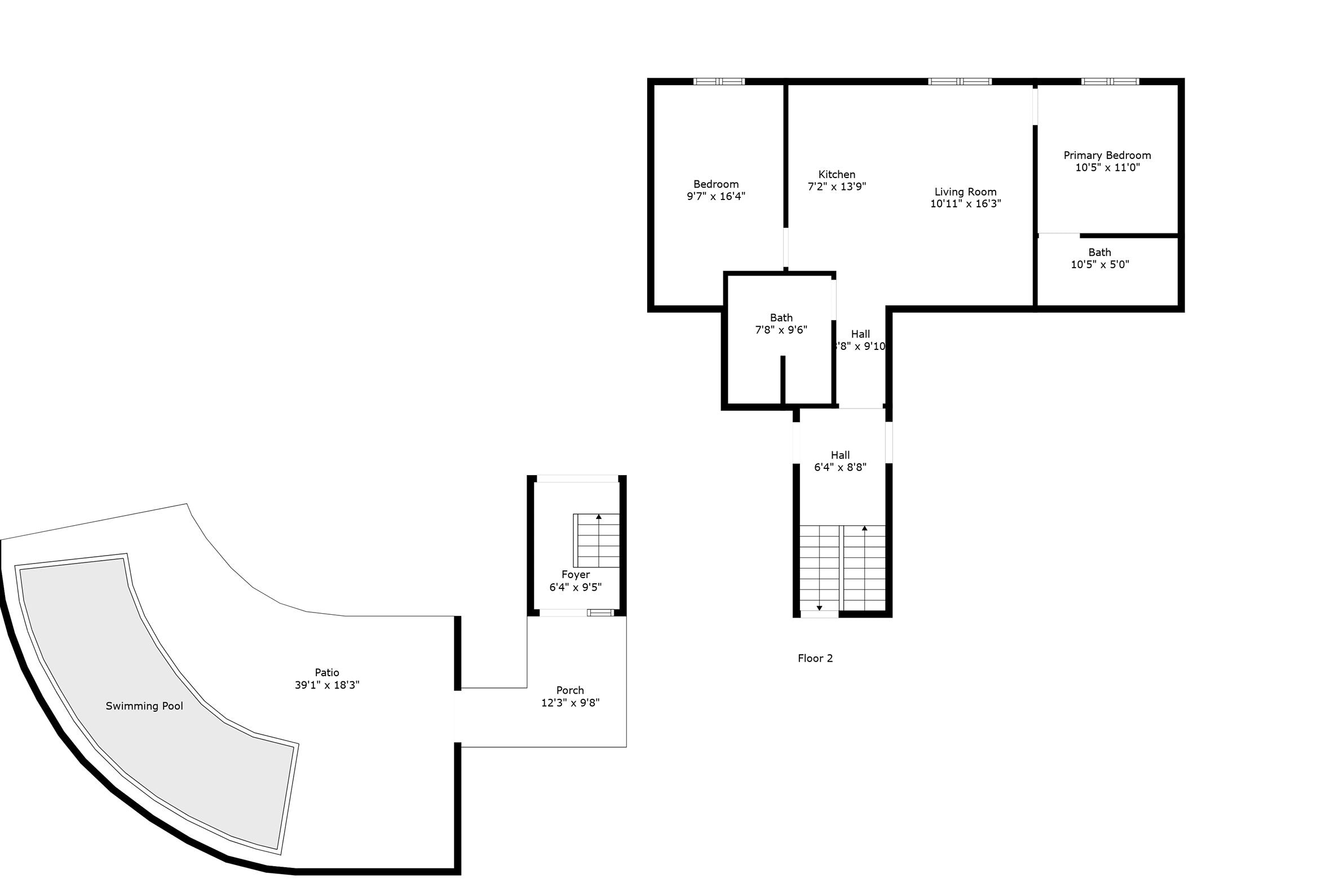 Ein Grundriss mit Schlafzimmer, Küche, Wohnzimmer, Badezimmer, Eingangsbereich, Terrasse und Schwimmbad.