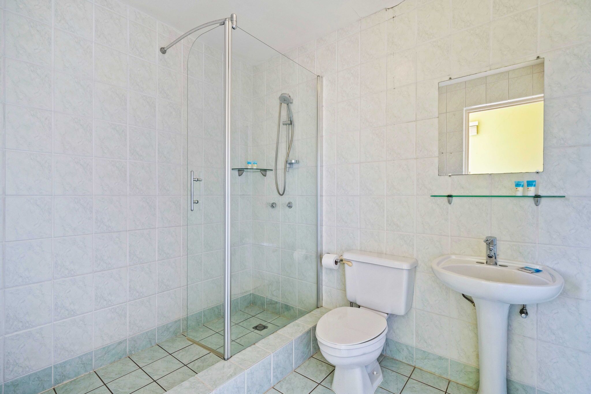 A bathroom with a glass-enclosed shower, a toilet, and a sink with a mirror above it.
