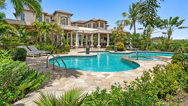 A large house with a swimming pool, surrounded by palm trees and greenery. - Kamay 85 (Noord)