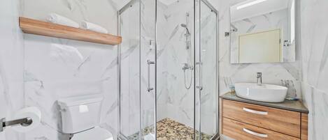 A modern bathroom with a glass-enclosed shower, a toilet, a sink with a mirror above, and wooden cabinets.