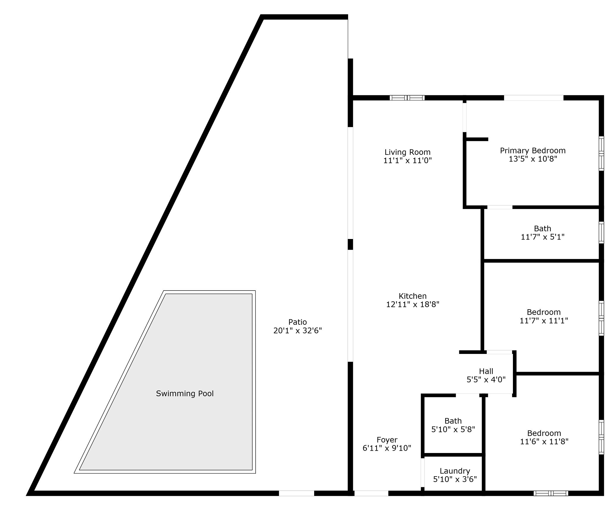 A floor plan with a patio, swimming pool, and various rooms including a living room, kitchen, and bedrooms.