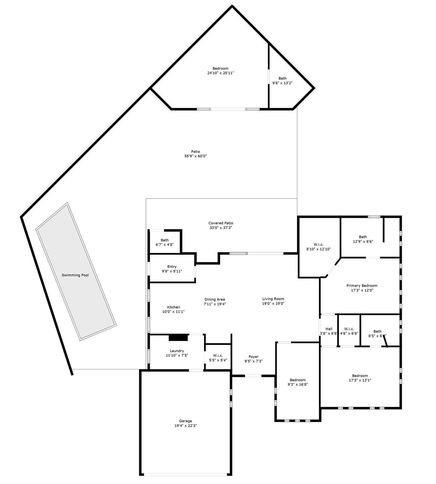 Plano de planta de una casa con un patio cubierto, piscina, cocina, comedor, sala de estar, vestíbulo, pasillo, baño, habitación principal, habitación secundaria, garaje y baño con ventana.
