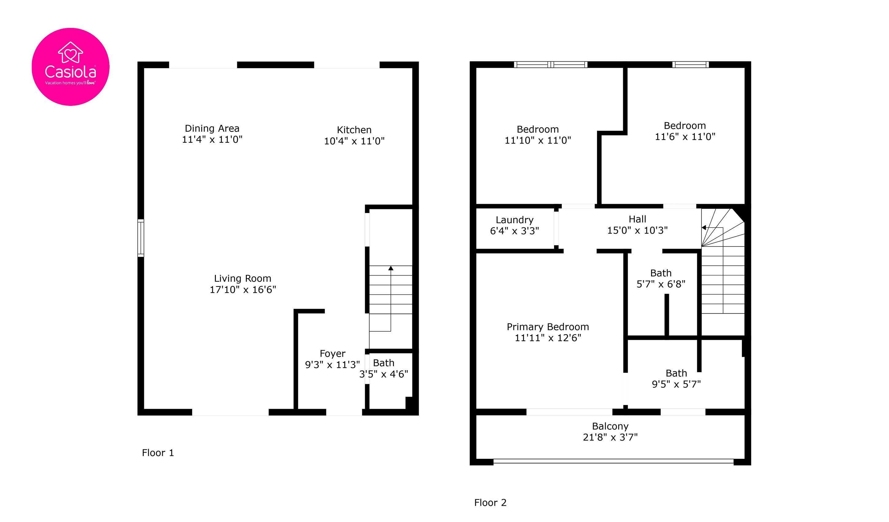 Two floor plans of a property with a dining area, kitchen, living room, foyer, and two bedrooms.