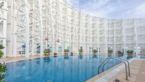 Una piscina interior con estructura metálica blanca y plantas en macetas alrededor del borde.