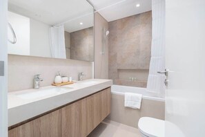 Shower, towels, soap, shampoo