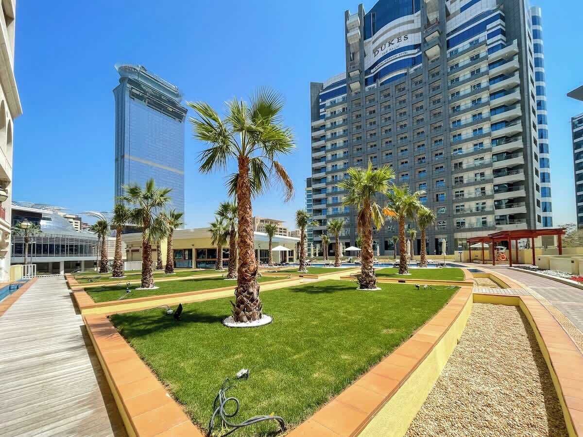 A courtyard with palm trees, a pool, and modern buildings in the background.