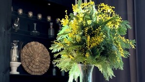 A dining table with a floral centerpiece, a plate of lemons, and a muffin. - Five & You (Josse)