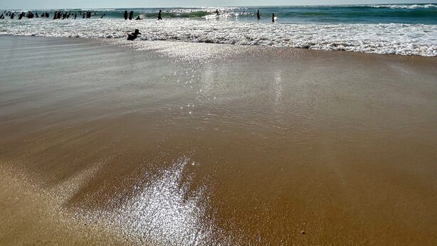 A beach with a clear sky, sun, and ocean waves. - Five & You (Josse)
