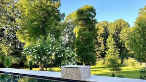 A clear swimming pool with a tiled edge, surrounded by lush greenery and trees. - Five & You (Josse)