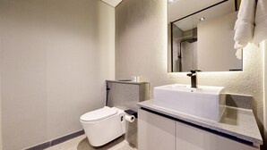 A modern bathroom with a toilet, sink, and mirror.