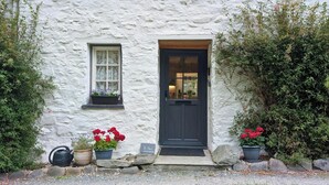 A white stone building with a dark door, a window with lace curtains, and potted plants.