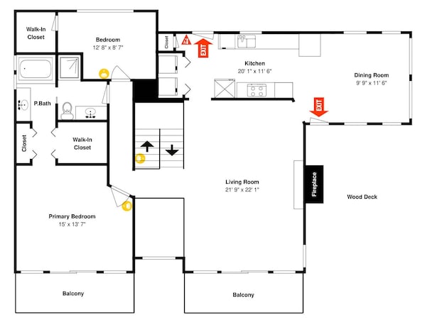 A floor plan with a bedroom, bathroom, kitchen, dining room, living room, and two balconies. - Tanglewood by Ruidoso Vacation Rentals (Ruidoso)