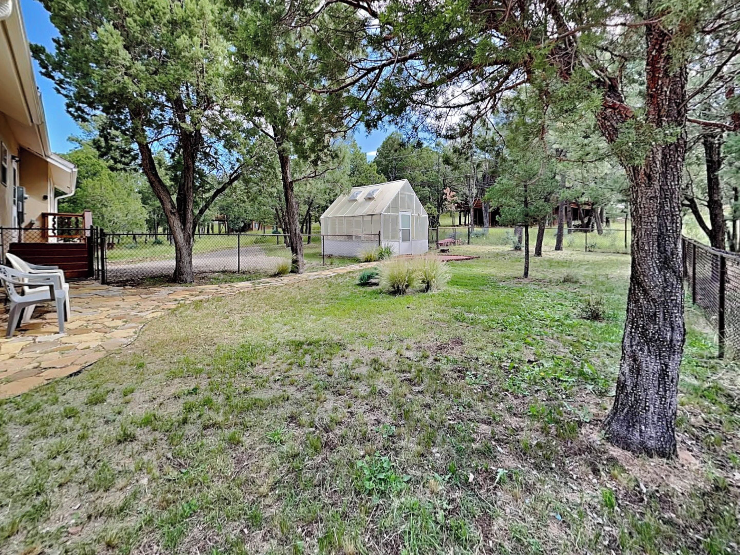 A residential area with a greenhouse, a paved patio with chairs, and a fenced yard with trees.