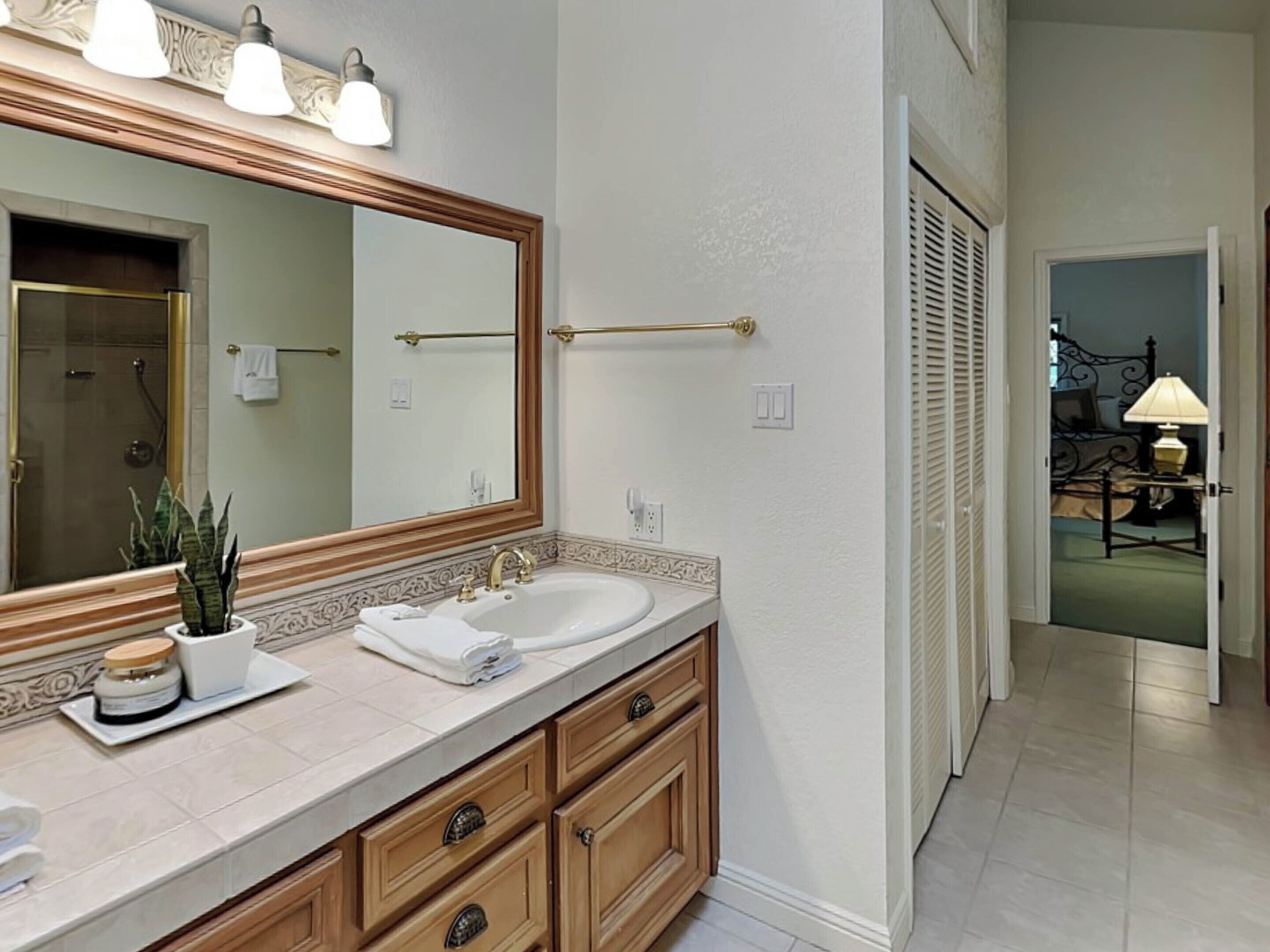 A bathroom with a large mirror, a sink, and a towel rack. There is a plant on the counter and a shower visible in the background.