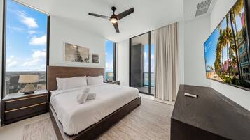 Deluxe Apartment, 3 Bedrooms, Ocean View | Premium bedding, laptop workspace, blackout drapes, iron/ironing board