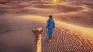 A desert landscape with sand dunes and a camel.