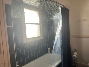 Hair dryer, towels, soap, shampoo