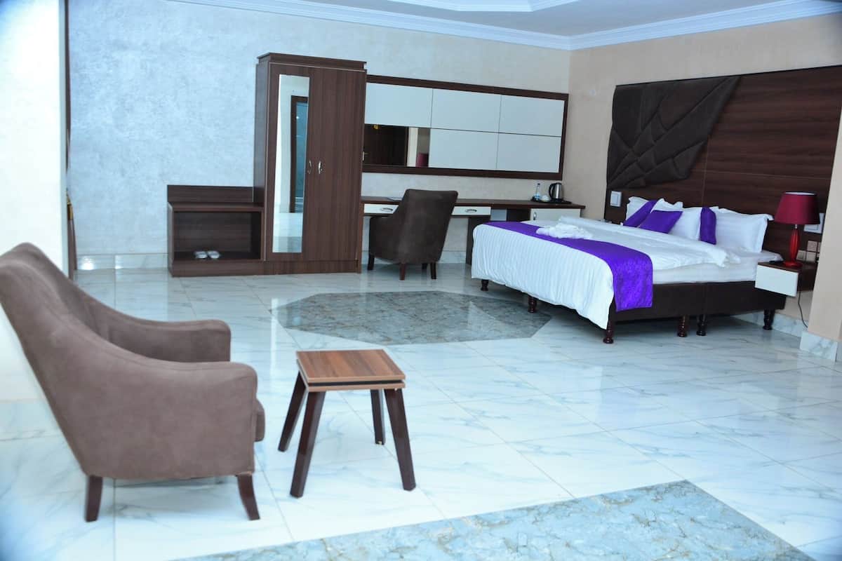 A hotel room with a bed, a desk, a chair, a wardrobe, and a small table.