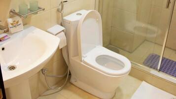 Hair dryer, bidet, towels, soap