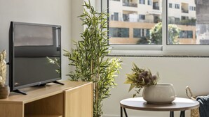 Un salon avec un téléviseur à écran plat posé sur un meuble en bois, une grande plante verte et une petite table ronde sur laquelle se trouvent un bol blanc et un panier tressé.