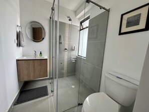 Hair dryer, towels, soap, toilet paper