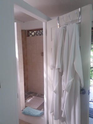 Shower, hair dryer, towels, soap