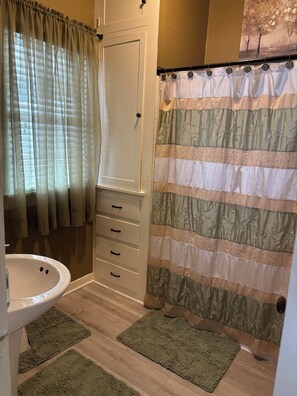 Hair dryer, towels, soap, shampoo