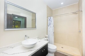 Hair dryer, towels, soap, toilet paper