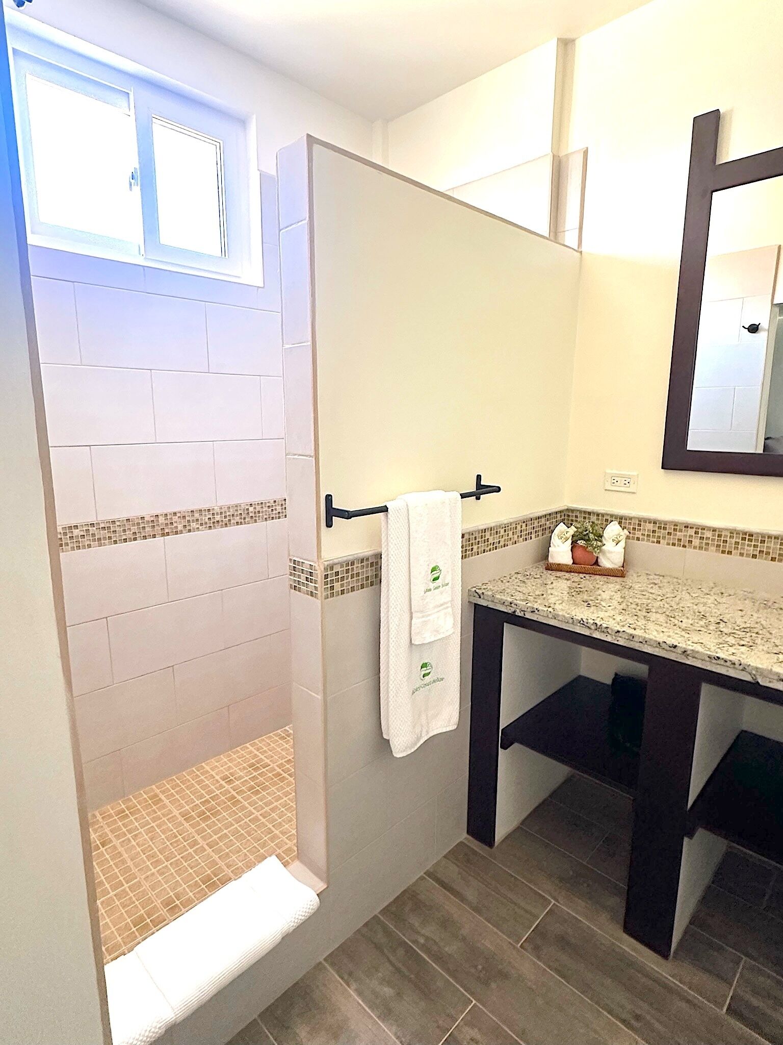 A bathroom with a shower area, a vanity with a mirror, and a towel rack.