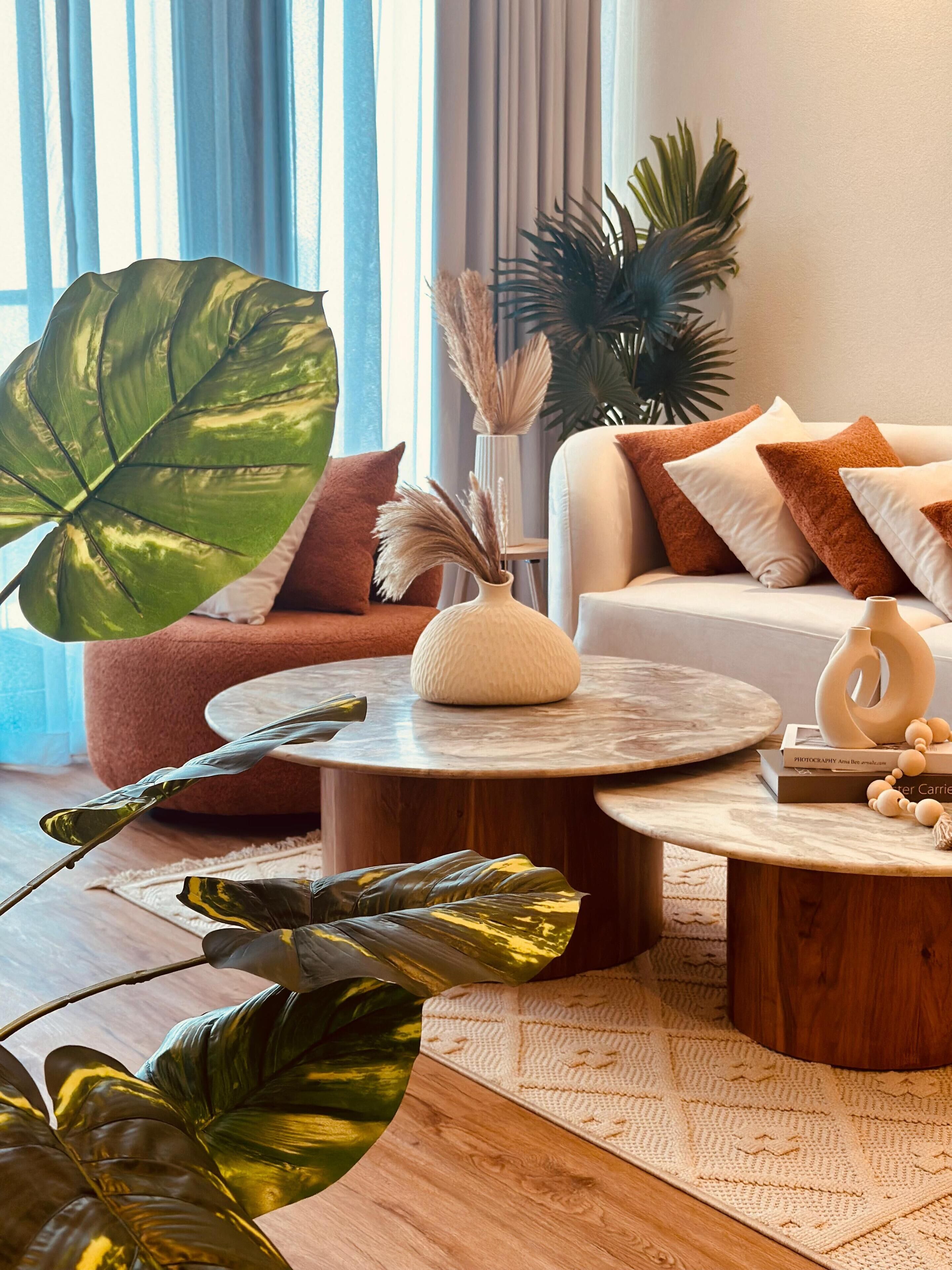 En moderne stue med en stor grøn plante, en hvid sofa og et rundt sofabord.