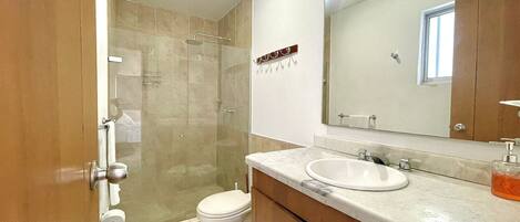 A modern bathroom with a glass shower enclosure, a toilet, a sink, and a large mirror.