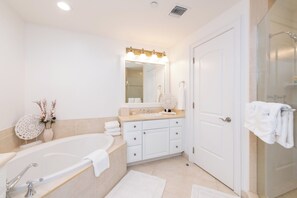 Shower, jetted tub, hair dryer, towels