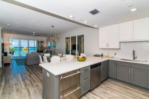 Fridge, microwave, oven, stovetop - Villa 17, Third floor, 3 bedroom, 3 bathroom, oceanfront, fully equipped. (Seven Mile Beach)