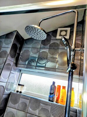 Shower, hair dryer, towels, soap