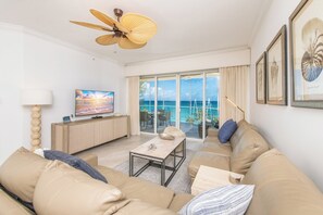 TV, DVD player, stereo - Villa 28, Newly renovated, Oceanfront, fifth floor 3 bedroom, 3 bathroom (Seven Mile Beach)