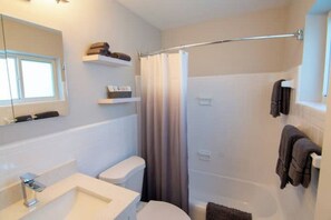 Hair dryer, towels, soap, toilet paper