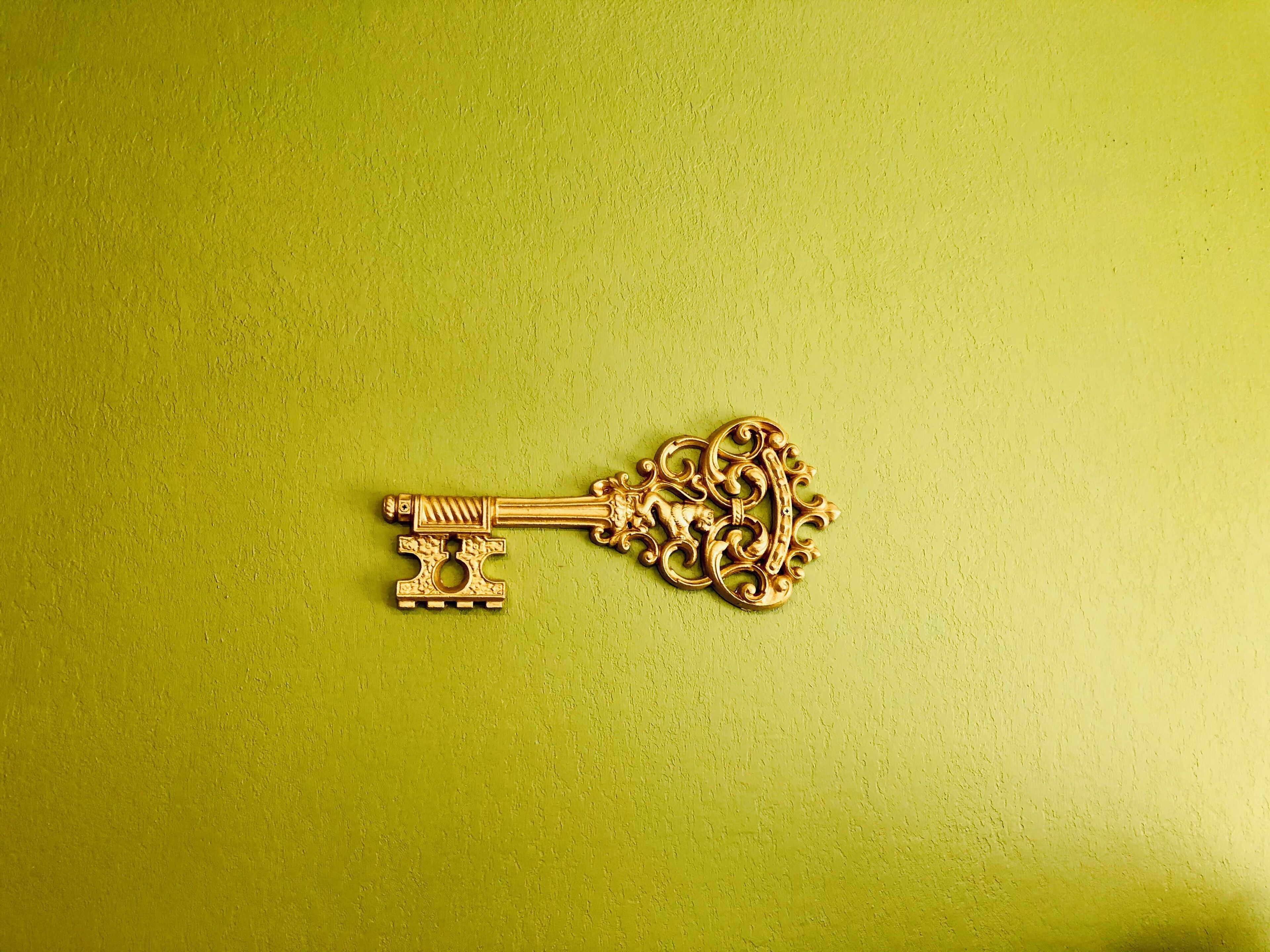 A single ornate key against a textured green wall.
