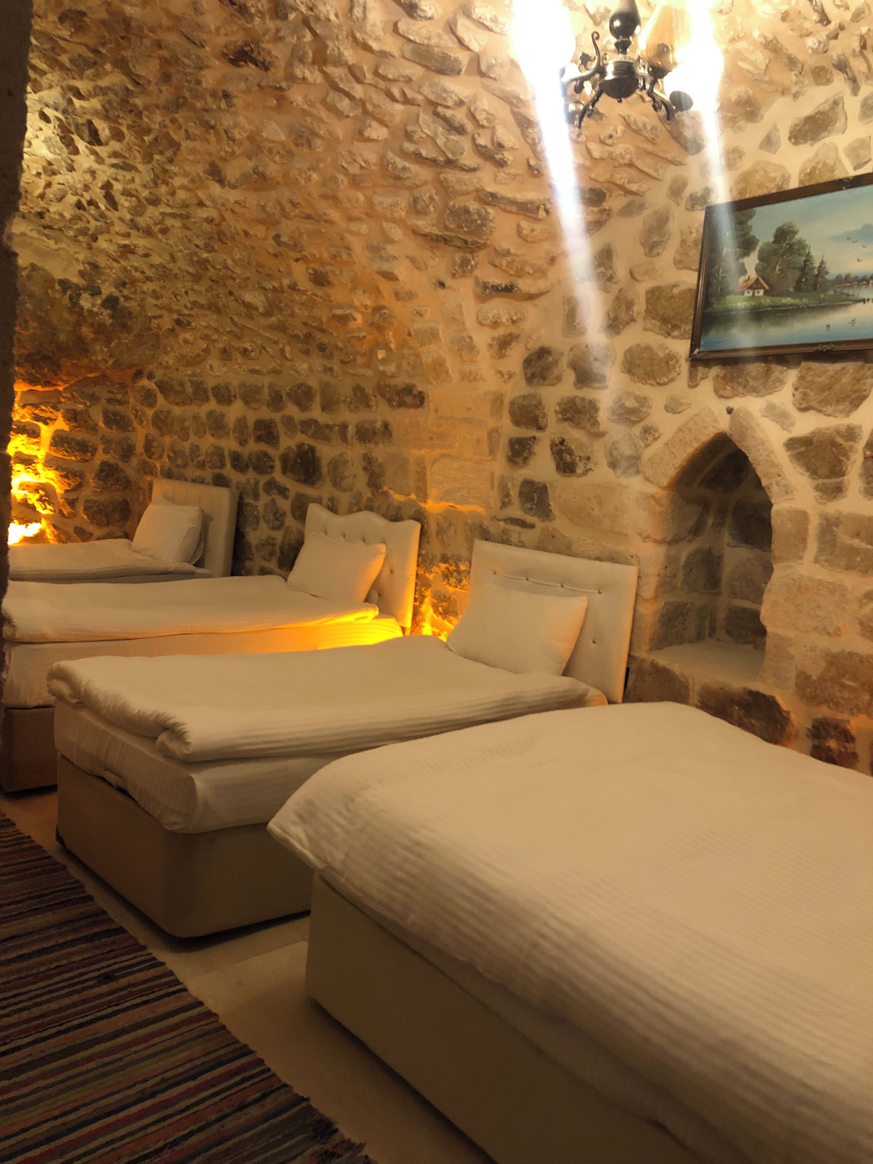A room with stone walls, two beds, a chandelier, and a painting.