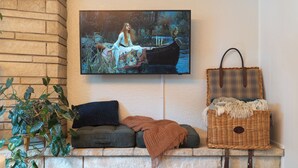 Ein Kamin mit Steinverkleidung, darüber ein montierter Fernseher, ein Korbwicker-Korb auf der Verkleidung und eine Topfpflanze links davon.