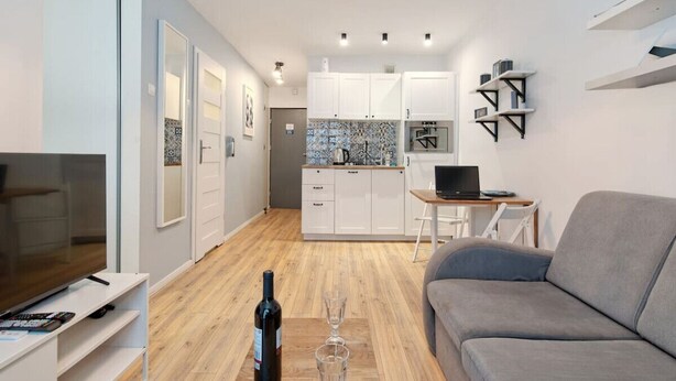 Un appartement moderne comprenant un salon, une cuisine et un coin repas.