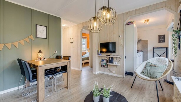 A modern living room with a wooden dining table, black chairs, a round coffee table with plants, a wicker chair, and a TV on a wooden stand. - Modern Chalet in the Veluwe (Putten)