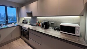 A modern kitchen with grey cabinets, a stainless steel sink, a built-in oven, a microwave, and a coffee maker. - The Charm view London  (Londres)