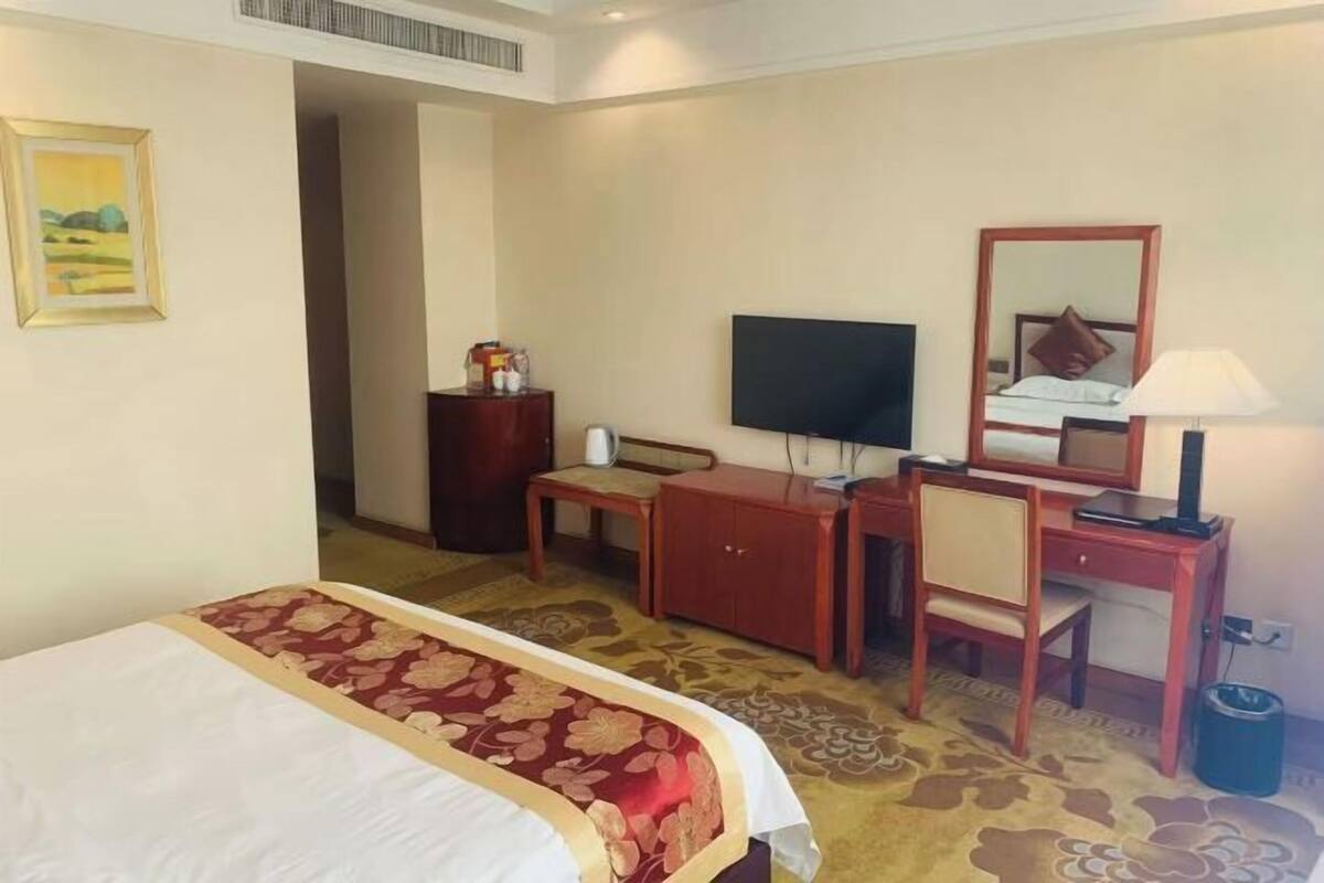 A hotel room with a bed, a desk, a chair, a television, a mirror, and a waste bin.