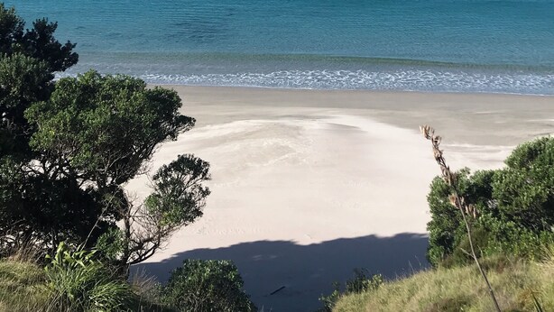 Une plage à l’eau d’un bleu limpide, bordée d’un rivage sablonneux, avec une montagne qui se profile à l’horizon.