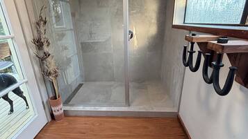 Shower, towels, toilet paper