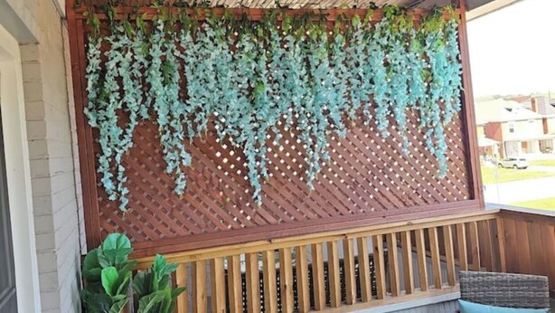 Un espace extérieur aménagé, abrité et doté de mobilier en osier, ainsi qu’un mur décoratif orné de plantes suspendues.
