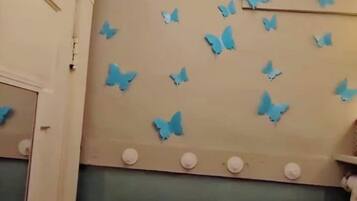 A room with a white ceiling, a fluffy white light fixture, and blue butterfly wall decals.