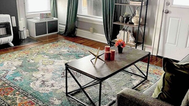 A living room with a patterned rug, a coffee table, and a bookshelf. - Espresso Maker & Modern Decor by Arena, University, Hospitals (Huntington)